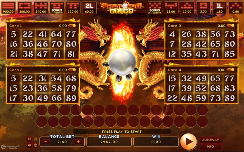 รูปแบบแจ็คพ็อตเกม Caishen Burning Pearl Bingo : เบิร์นนิ่ง เพรียล บิงโก